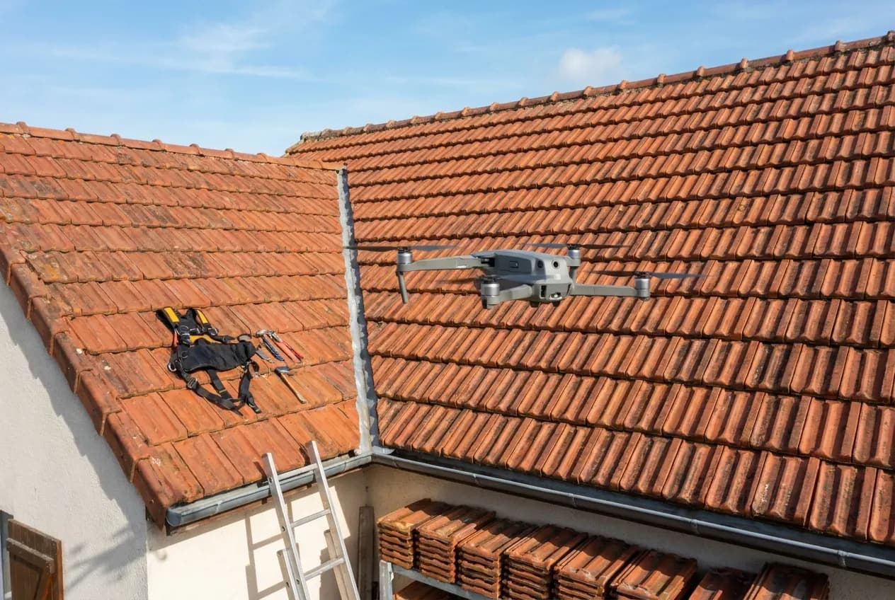 Inspection de toiture par drone au-dessus d’une couverture en tuiles